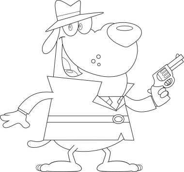 Dedektif Köpek Çizgi Filmi Karakteri Silah Tutuyor. Vektör El Çizimi Görünümü Şeffaf Arkaplanda İzole Edildi