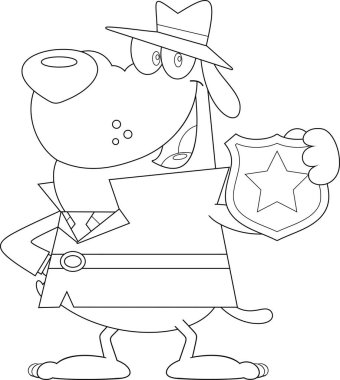 Dedektif Köpek Çizgi Karakteri Polis Rozeti Gösteriyor. Vektör El Çizimi Görünümü Şeffaf Arkaplanda İzole Edildi