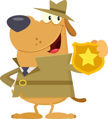 Dedektif Köpek Çizgi Karakteri Polis Rozeti Gösteriyor. Vektör Resimli Düz Tasarım Şeffaf Arkaplanda İzole Edildi