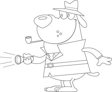 Dedektif Köpek Çizgi Filmi 'nin ana hatları. Elinde bir el feneri var ve parlıyor. Vektör El Çizimi Görünümü Şeffaf Arkaplanda İzole Edildi