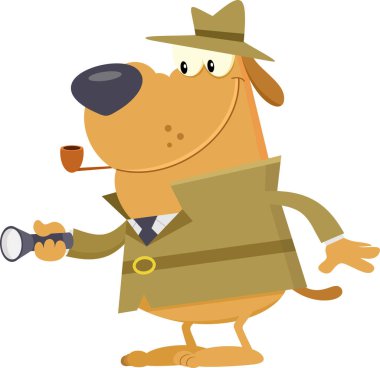 Dedektif Köpek Çizgi Filmi Karakteri, elinde bir el feneri tutuyor. Vektör Resimli Düz Tasarım Şeffaf Arkaplanda İzole Edildi