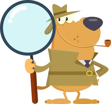 Dedektif Köpek çizgi film karakteri elinde büyük bir büyüteç tutuyor. Vektör Resimli Düz Tasarım Şeffaf Arkaplanda İzole Edildi