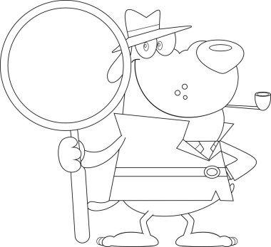 Dedektif Köpek Çizgi Filmi Karakteri Büyük bir Büyüteç Tutuyor. Vektör El Çizimi Görünümü Şeffaf Arkaplanda İzole Edildi