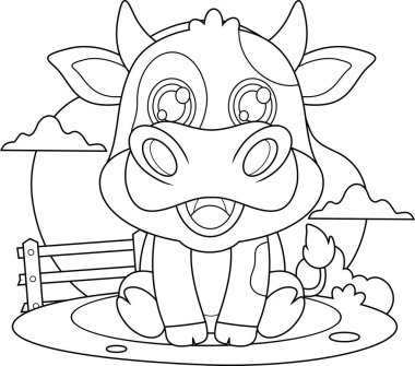 Özetlenmiş Sevimli Bebek İnek Hayvan Karakteri Vektör El Çizimi Şeffaf Arkaplanda İzole Edildi