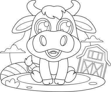 Özetlenmiş Sevimli Bebek İnek Hayvan Karakteri Vektör El Çizimi Şeffaf Arkaplanda İzole Edildi