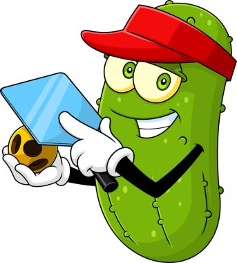 Komik Turşu Çizgi Filmi Karakteri Pickleball oynuyor. Vektör El Çizimi Görünümü Şeffaf Arkaplanda İzole Edildi