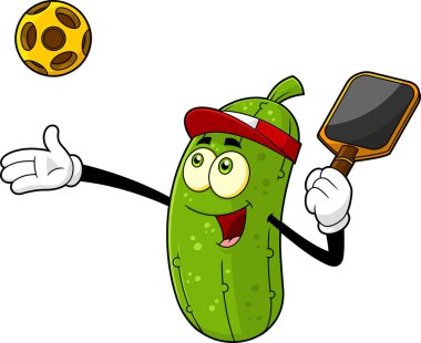 Pickleball oynayan Mutlu Turşu Çizgi Karakteri. Vektör El Çizimi Görünümü Şeffaf Arkaplanda İzole Edildi