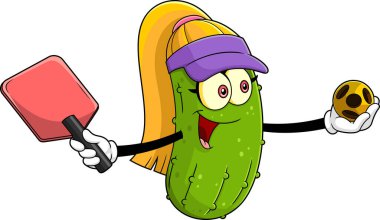 Mutlu Turşu Kız Çizgi Film Karakteri Pickleball oynuyor. Vektör El Çizimi Görünümü Şeffaf Arkaplanda İzole Edildi