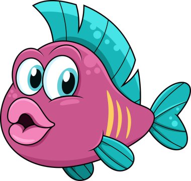 Şirin Balık Çizgi Filmi Karakteri Su altında Yüzüyor. Vektör El Çizimi Resimleri Beyaz Arkaplanda İzole Edildi