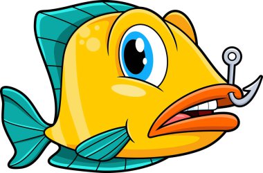 Ağızda Olta Kancası olan Şirin Balık Çizgi Karakteri. Vektör El Çizimi Resimleri Beyaz Arkaplanda İzole Edildi