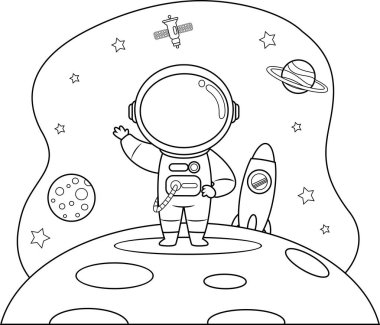 Özetlenmiş Sevimli Astronot Çizgi Film Karakteri selamlama için el sallıyor. Vektör Çizimi El Beyaz Arkaplanda İzole Edildi 