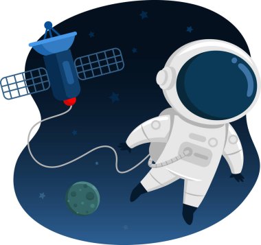 Açık Uzayda Uçan Şirin Astronot Çizgi Karakteri Uzay İstasyonuna Bağlı. Vektör Resimlendirme Düz Tasarımı Beyaz Arkaplanda İzole Edildi