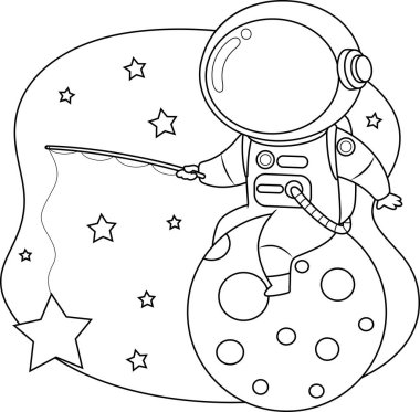 Balıkçı Çubuğuyla Gezegen 'de çizilmiş sevimli astronot çizgi film karakteri. Vektör Çizimi Beyaz Arkaplanda İzole Edildi