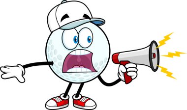 Golf Topu Çizgi Karakteri Megafona Bağırıyor. Vektör El Çizimi Görünümü Şeffaf Arkaplanda İzole Edildi