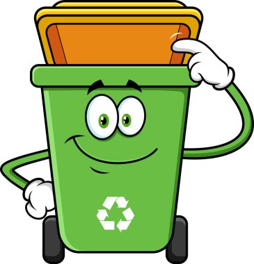 Yeşil Geri Dönüşüm Çöp Kutusu Çizgi Film Karakteri Açık Lid 'i gösteriyor. Vektör El Çizimi Görünümü Şeffaf Arkaplanda İzole Edildi