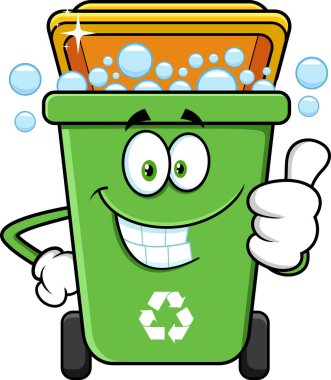 Yeşil Geri Dönüşüm Çöp Kutusu Çizgi Film Karakteri Temizleme ve Başparmakları Verme. Vektör El Çizimi Görünümü Şeffaf Arkaplanda İzole Edildi