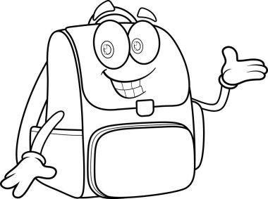 Okul Sırt Çantası Çizgi Film Karakteri Tebrik İçin El sallıyor. Vektör El Çizimi Görünümü Şeffaf Arkaplanda İzole Edildi