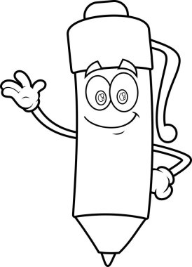 Okul tükenmez kalem çizgi film karakteri selamlama için el sallıyor. Vektör El Çizimi Görünümü Şeffaf Arkaplanda İzole Edildi