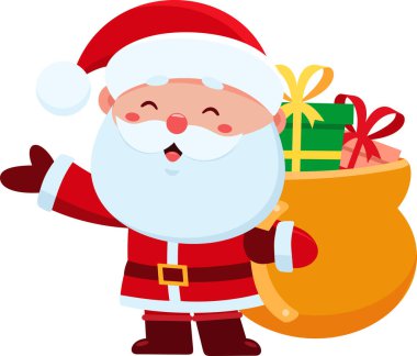 Sevimli Noel Baba çizgi film karakteri bir torba taşıyor ve selamlaşmak için el sallıyor. Vektör Resimli Düz Tasarım Şeffaf Arkaplanda İzole Edildi