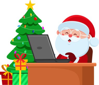 Masada dizüstü bilgisayarla oturan şirin Noel Baba çizgi film karakteri. Vektör Resimli Düz Tasarım Şeffaf Arkaplanda İzole Edildi