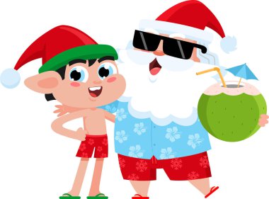 Yaz Noel Baba ve Elf Karikatür Karakterleri. Vektör Resimli Düz Tasarım Şeffaf Arkaplanda İzole Edildi