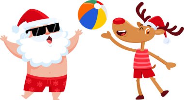 Noel Baba ve Ren Geyiği Karakterleri sahilde topla oynuyorlar. Vektör Resimli Düz Tasarım Şeffaf Arkaplanda İzole Edildi