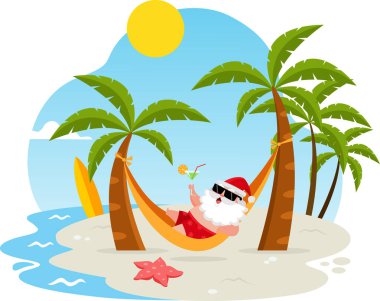 Yazın Noel Baba Karikatür Karakteri Sahilde Hamak Salıncağında Yatıyor. Vektör Resimli Düz Tasarım Şeffaf Arkaplanda İzole Edildi