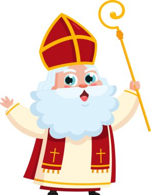 Sevimli Aziz Nicholas ya da Sinterklaas çizgi film karakteri elinde bir asa tutarak selamlama için el sallıyor. Vektör Resimli Düz Tasarım Şeffaf Arkaplanda İzole Edildi