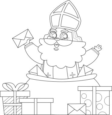 Özet olarak Şirin Aziz Nicholas ya da Sinterklaas Çizgi Karakteri Bir çuval dolusu hediyeyle. Vektör El Çizimi Görünümü Şeffaf Arkaplanda İzole Edildi