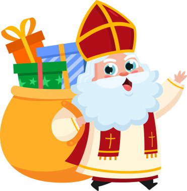 Şirin Aziz Nicholas ya da Sinterklaas Çizgi Film Karakteri Torba dolusu hediye taşıyor. Vektör Resimli Düz Tasarım Şeffaf Arkaplanda İzole Edildi