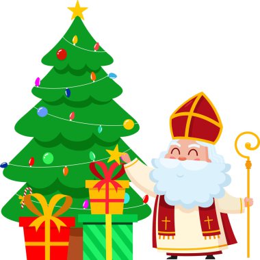 Şirin Aziz Nicholas ya da Sinterklaas çizgi film karakteri hediye kutularıyla Noel ağacına yıldız koyuyor. Vektör Resimli Düz Tasarım Şeffaf Arkaplanda İzole Edildi