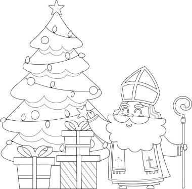 Özet olarak Şirin Aziz Nicholas ya da Sinterklaas çizgi film karakteri hediye kutularıyla Noel ağacına yıldız koyuyor. Vektör El Çizimi Görünümü Şeffaf Arkaplanda İzole Edildi