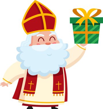 Şirin Aziz Nicholas ya da Sinterklaas çizgi film karakteri hediye kutusu tutuyor. Vektör Resimli Düz Tasarım Şeffaf Arkaplanda İzole Edildi