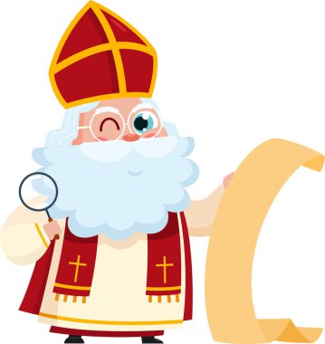 Tatlı Aziz Nicholas ya da Sinterklaas çizgi film karakteri Noel dilekleriyle kağıt parşömeni okuyor. Vektör Resimli Düz Tasarım Şeffaf Arkaplanda İzole Edildi