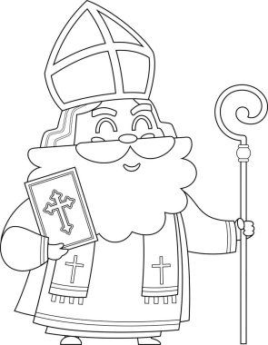 Özet olarak Sevimli Aziz Nicholas ya da Sinterklaas Çizgi Film Karakteri ve İncil ve Asa. Vektör El Çizimi Görünümü Şeffaf Arkaplanda İzole Edildi