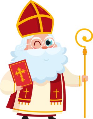Tatlı Aziz Nicholas ya da Sinterklaas çizgi film karakteri Noel dilekleriyle kağıt parşömeni okuyor. Vektör Resimli Düz Tasarım Şeffaf Üzerinde İzole Edildi