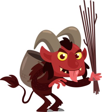 Krampus ya da Noel Şeytan Çizgi Filmi Karakteri Sırt çantalı Çubuk Kırbaçlama Cezası. Vektör İllüstrasyon Düz Tasarımı İzole Edildi