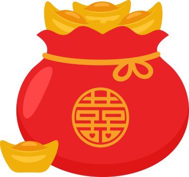 Çin Yeni Yılı Çizgi Filmi Şanslı Kırmızı Altın Çantası. Vektör Resimli Düz Tasarım Şeffaf Arkaplanda İzole Edildi