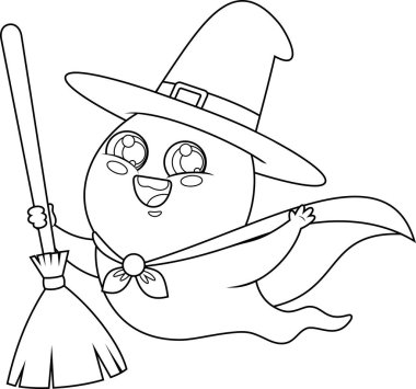 Cadı Şapkası ve Süpürge Uçan Vektör Çizimi Arkaplanda İzole edilmiş Şirin Cadılar Bayramı Hayalet Çizgi Filmi Karakteri