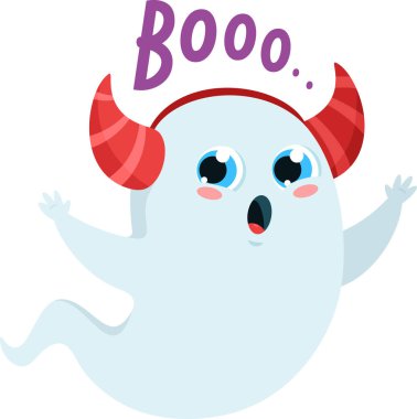 Boynuzlu Şirin Cadılar Bayramı Korkunç Hayalet Çizgi Karakteri. Vektör El Çizimi Görünümü Şeffaf Arkaplanda İzole Edildi