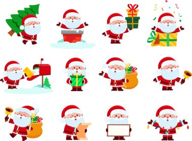 Sevimli Noel Baba Çizgi Karakterleri. Vektör Düz Tasarım Koleksiyonu Seti Şeffaf Arkaplanda İzole Edildi