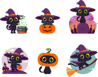Tatlı Cadılar Bayramı Cadısı Kara Kedi Çizgi Karakterleri. Vektör Düz Tasarım Koleksiyonu Seti Şeffaf Arkaplanda İzole Edildi