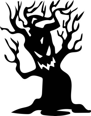 Çarpık gövdeli ve dallı ürkünç bir ağaç. Beyaz arkaplanda izole edilmiş vektör el çizimi