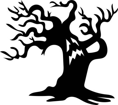 Çarpık gövdeli ve dallı ürkünç bir ağaç. Beyaz arkaplanda izole edilmiş vektör el çizimi