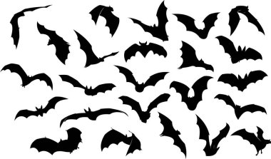 Halloween Black Bats Silhouettes Flying. Vector Hand Drawn Illustration Isolated On Transparent Background