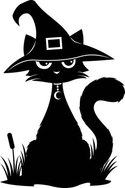 Cadılar Bayramı Cadısı Kedi Siyah Siluet Beyaz Arkaplanda İzole Edildi