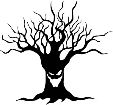 Çarpık gövdeli ve dallı ürkünç bir ağaç. Beyaz arkaplanda izole edilmiş vektör el çizimi