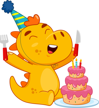 Mutlu Dinozor çizgi filmi karakteri çatal ve bıçakla doğum günü pastasına bakıyor. Vektör Resimli Düz Tasarım Şeffaf Arkaplanda İzole Edildi