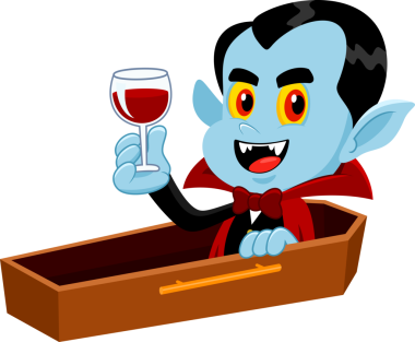 Cadılar Bayramı Vampir çizgi filmi karakteri bir bardak kanla tabutta oturuyor. Vektör Resimli Düz Tasarım Şeffaf Arkaplanda İzole Edildi