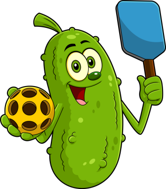 Gülen Turşu Çizgi Filmi Karakteri Bir Pickleball Topu ve Raket Tutuyor. Vektör El Çizimi Görünümü Şeffaf Arkaplanda İzole Edildi